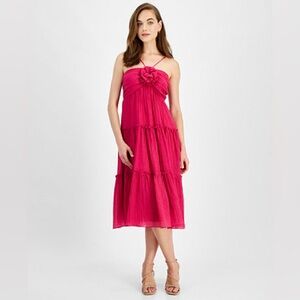 City Studios Fuchsia Rosette Tiered Midi Dress